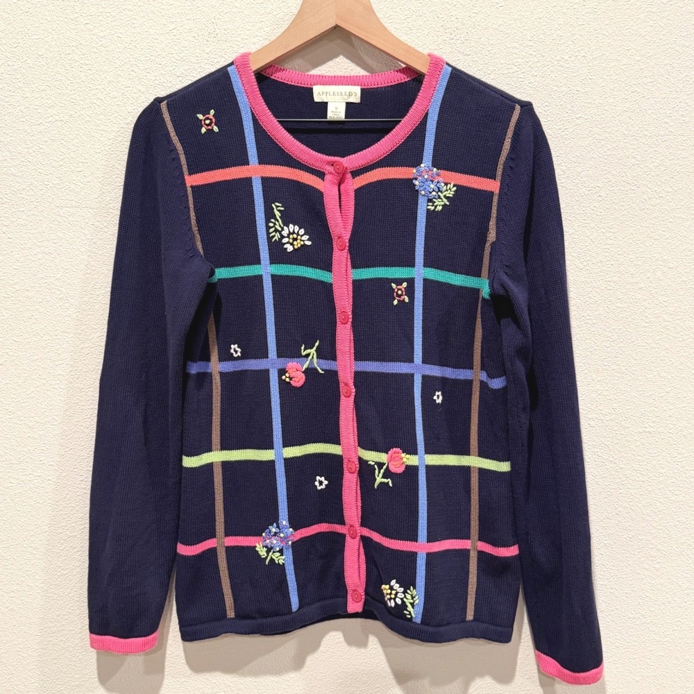 APPLESEED'S Women Cardigan Size S Floral Embroidered Grid Navy Blue Cottagecore